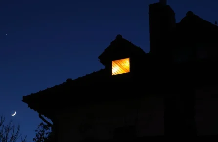 House silhouette at night with a light on in the window. Moon and trees visible outside